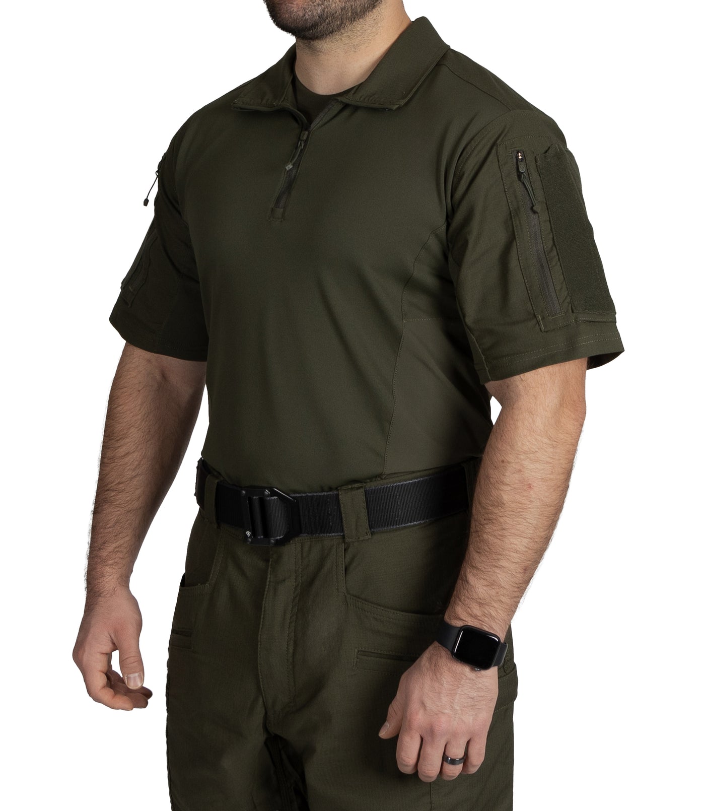 Front of Men's Defender Short Sleeve Shirt in OD Green