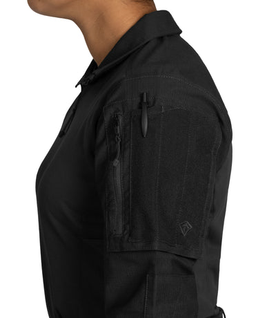 Oversized Sleeve Pocket with Pen Pocket and Loop Panel on Women's Defender Shirt in Black