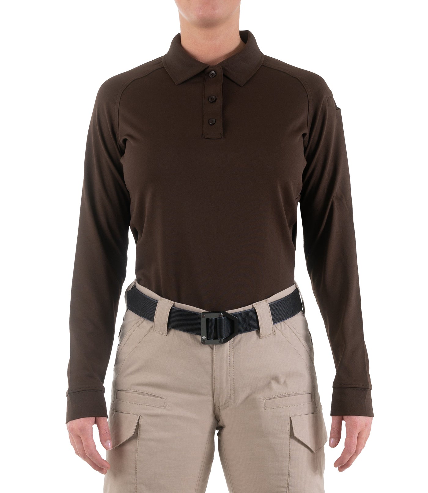 Front of Women's Performance Long Sleeve Polo in Kodiak Brown