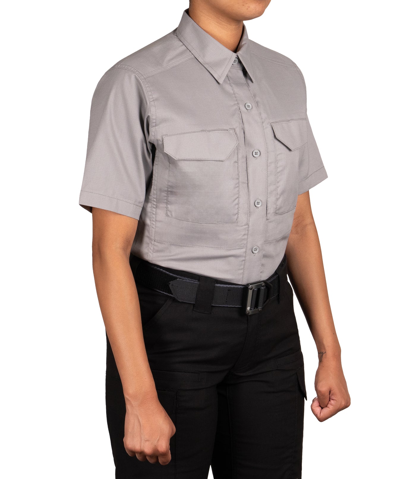 Front 1/4 of Women's V2 Tactical Short Sleeve Shirt in Nickel Grey