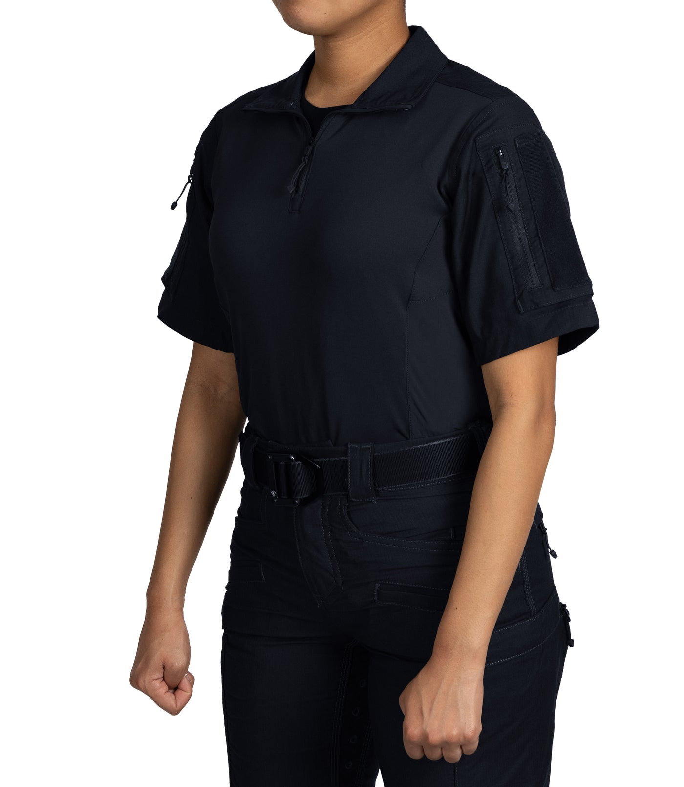 Front Side of Women's Defender Short Sleeve Shirt in Midnight Navy