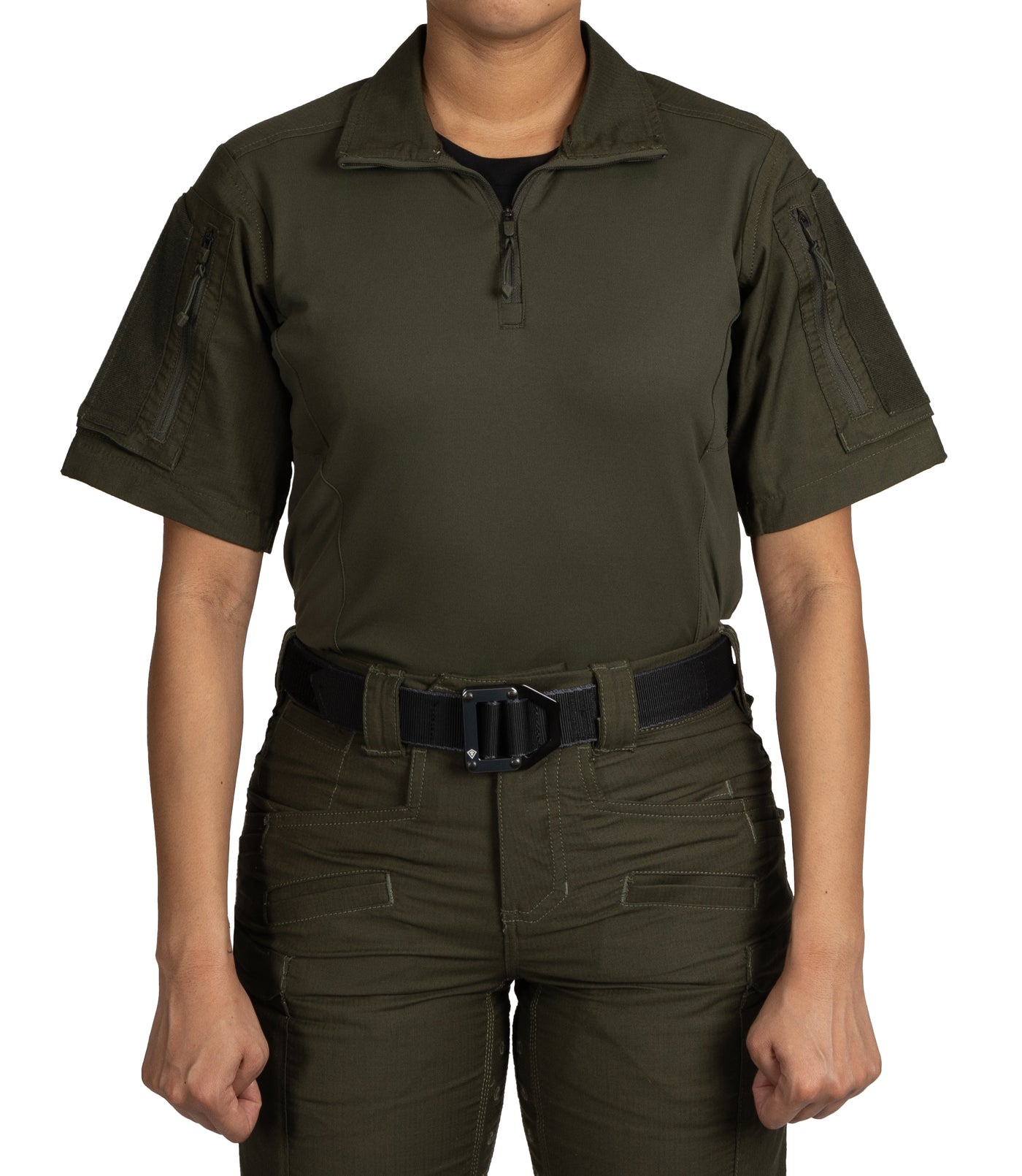 Front of Women's Defender Short Sleeve Shirt in OD Green