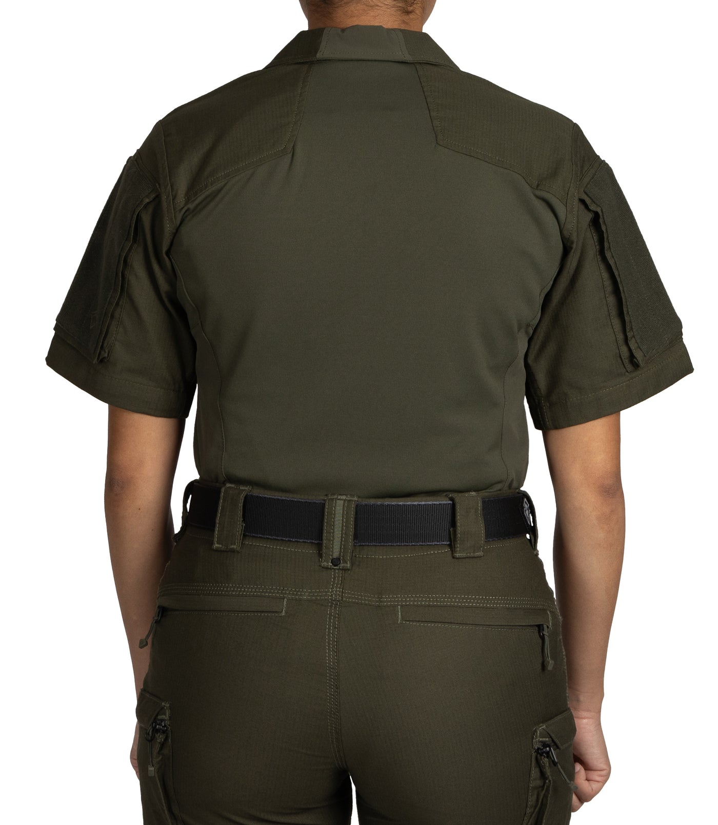 Back of Women's Defender Short Sleeve Shirt in OD Green