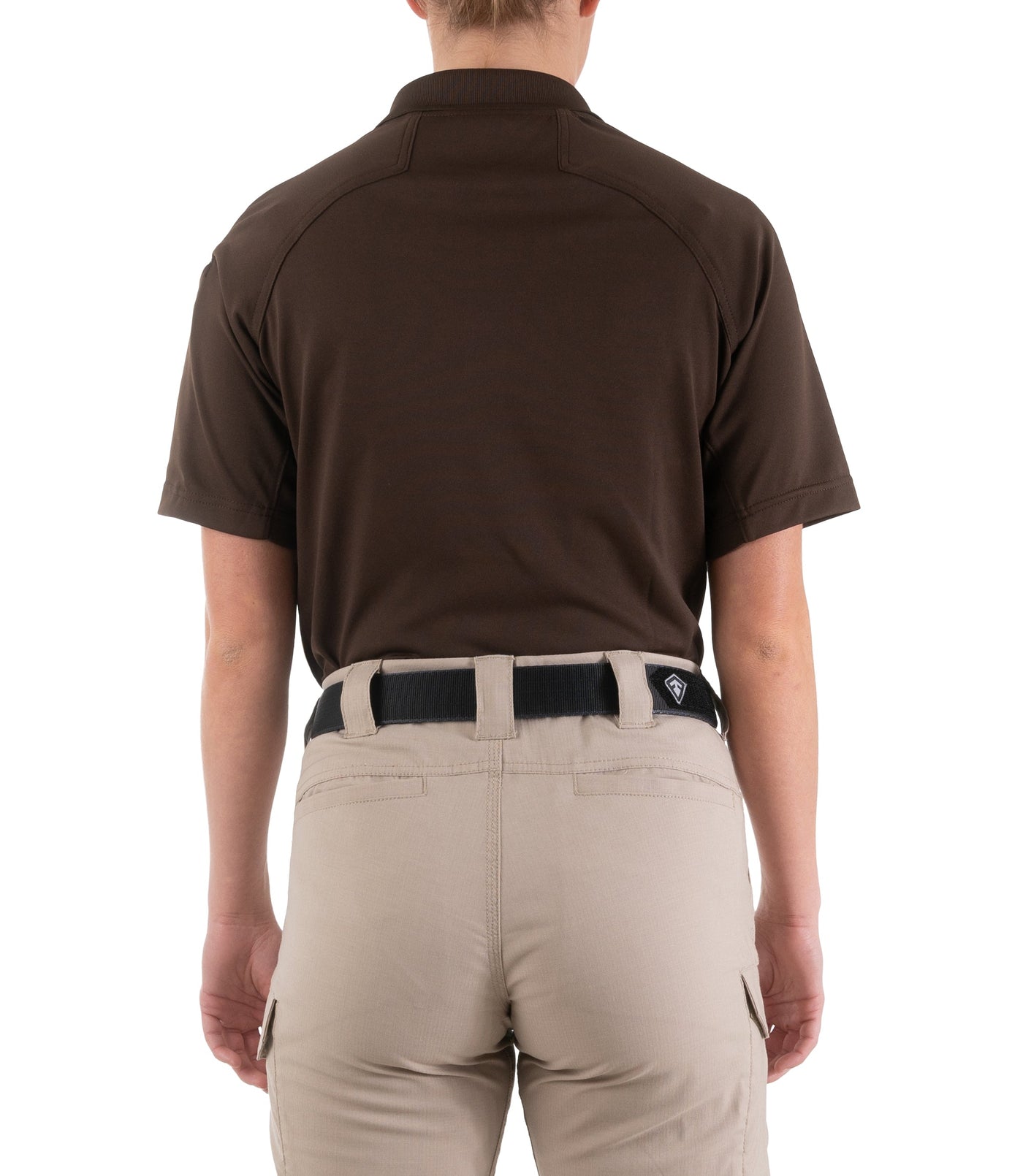 Back of Women's Performance Short Sleeve Polo in Kodiak Brown