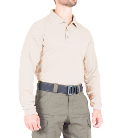 Side of Men's Performance Long Sleeve Polo in Khaki