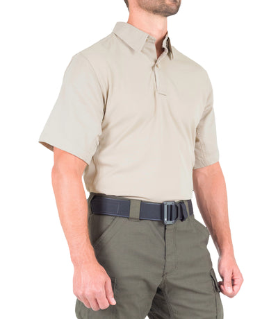 Side of Men's V2 Pro Performance Short Sleeve Shirt in Khaki