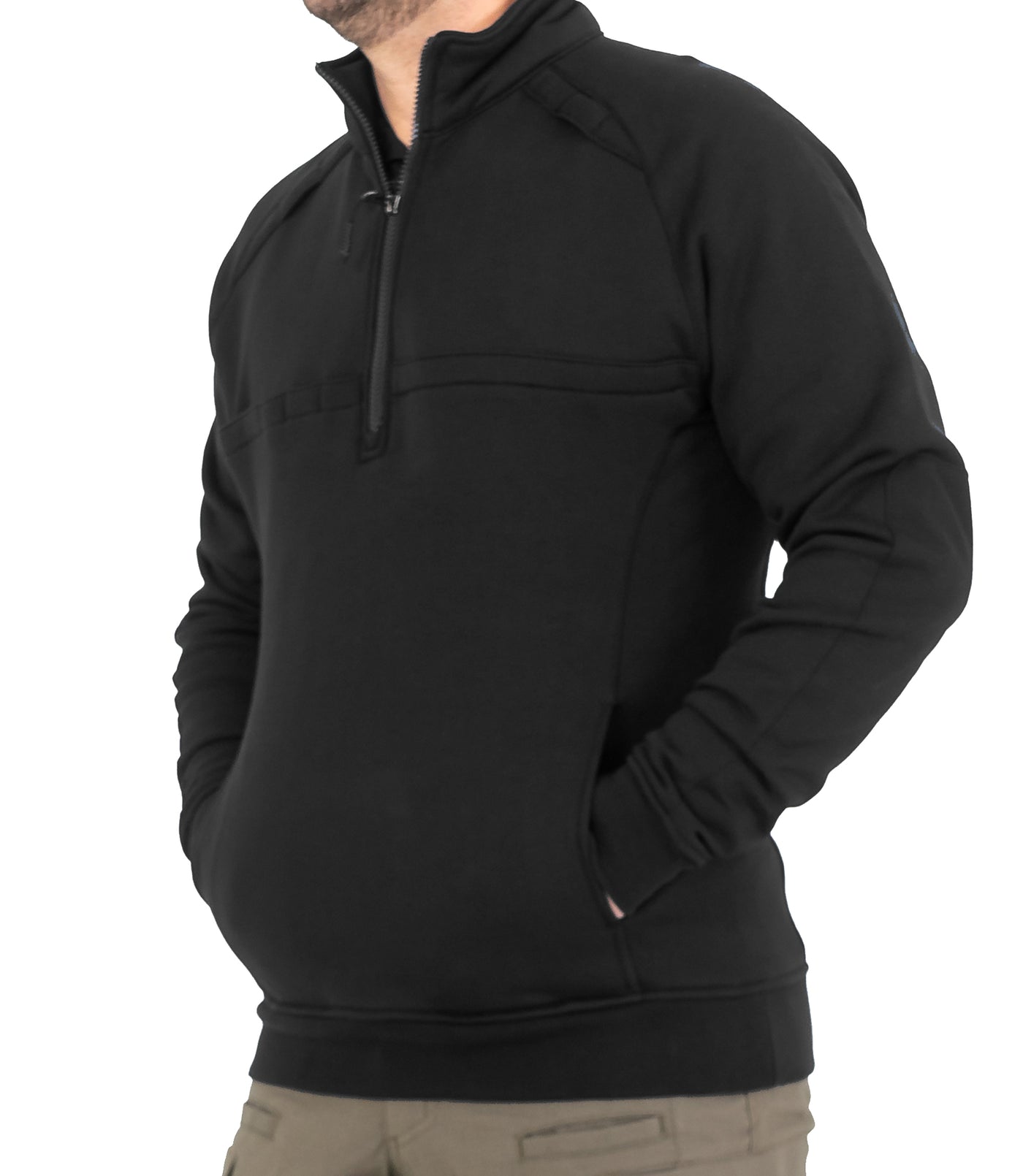 Front Pockets of Men’s Cotton Job Shirt Quarter Zip in Black