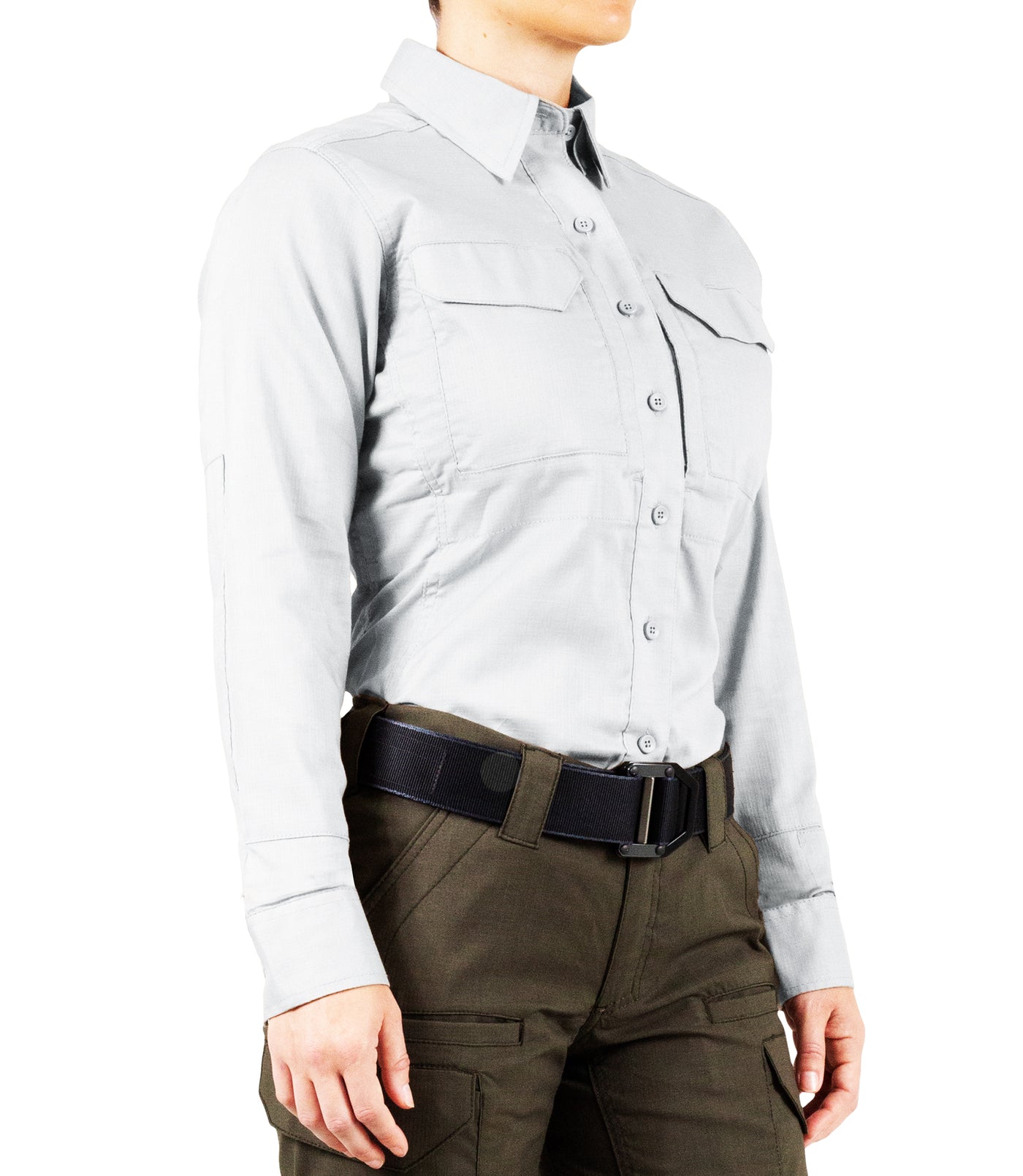 Side of Women's V2 Tactical Long Sleeve Shirt in White