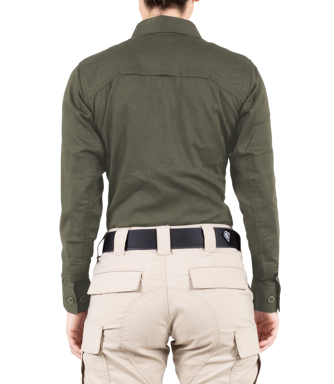 Back of Women's V2 BDU Long Sleeve Shirt in OD Green