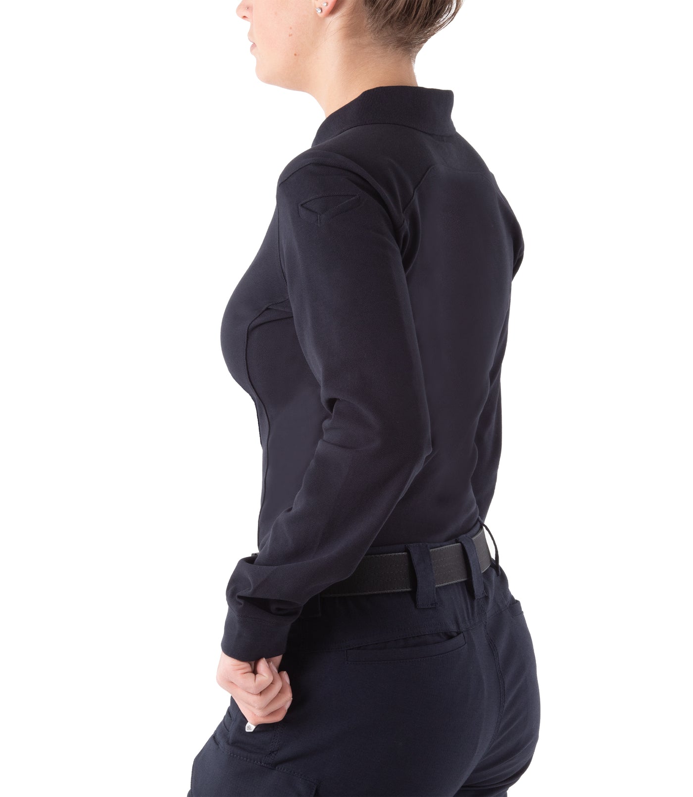 Side of Women's Cotton Long Sleeve Polo in Midnight Navy