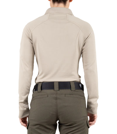 Back of Women's Performance Long Sleeve Polo in Khaki