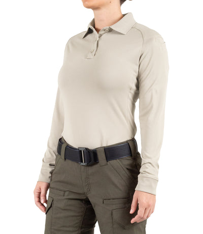 Side of Women's Performance Long Sleeve Polo in Silver Tan