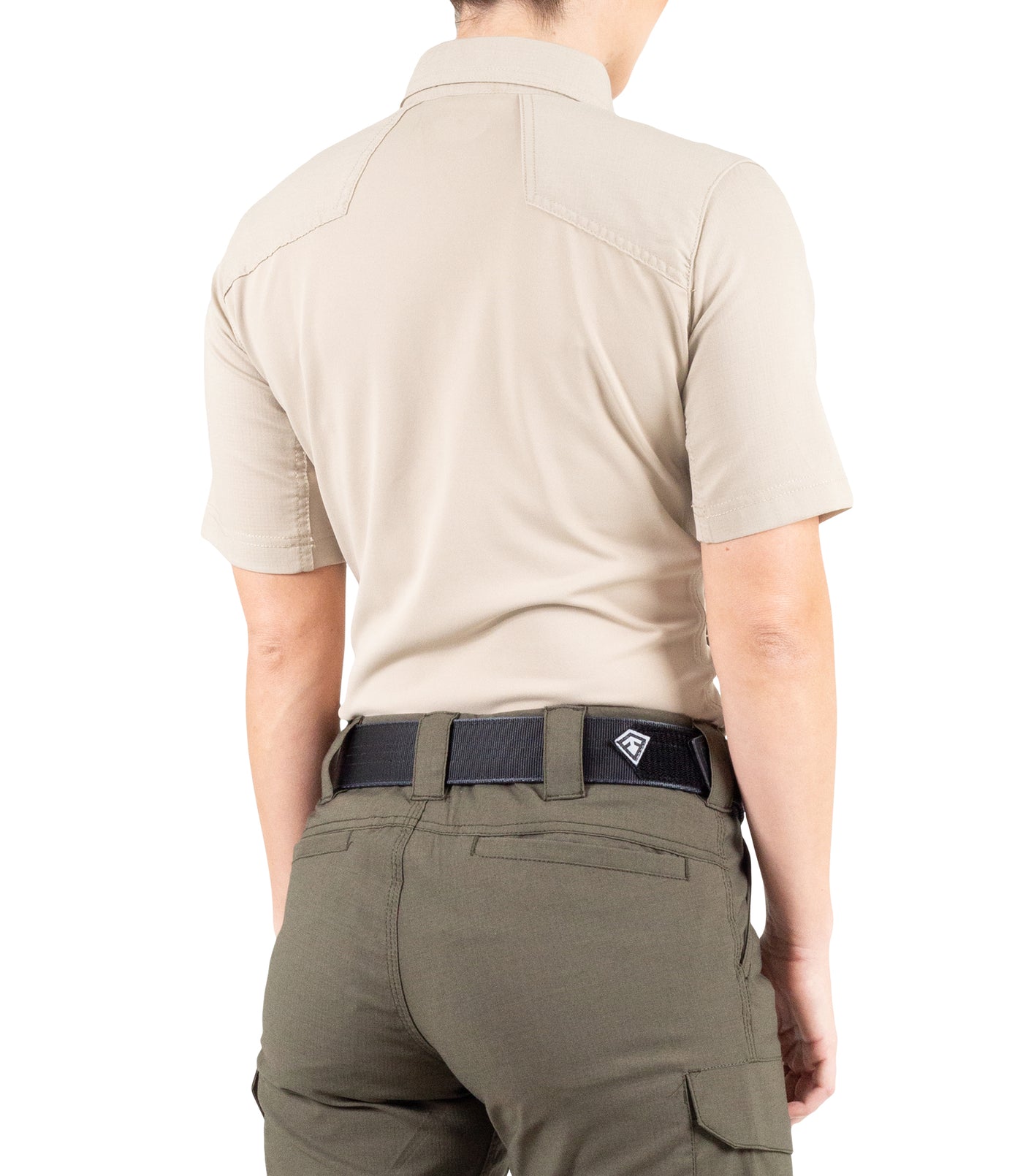 Side of Women's V2 Pro Performance Short Sleeve Shirt in Khaki