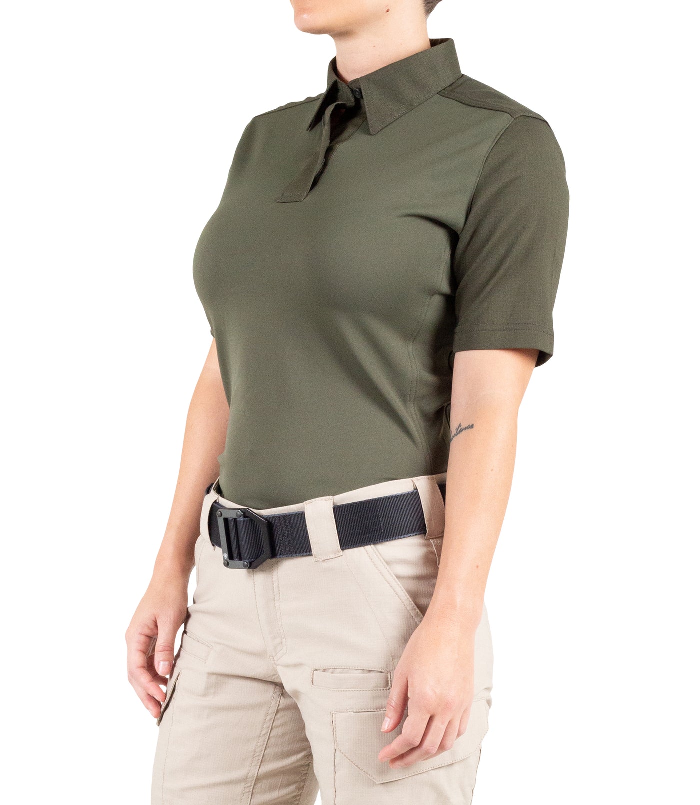 Side of Women's V2 Pro Performance Short Sleeve Shirt in OD Green