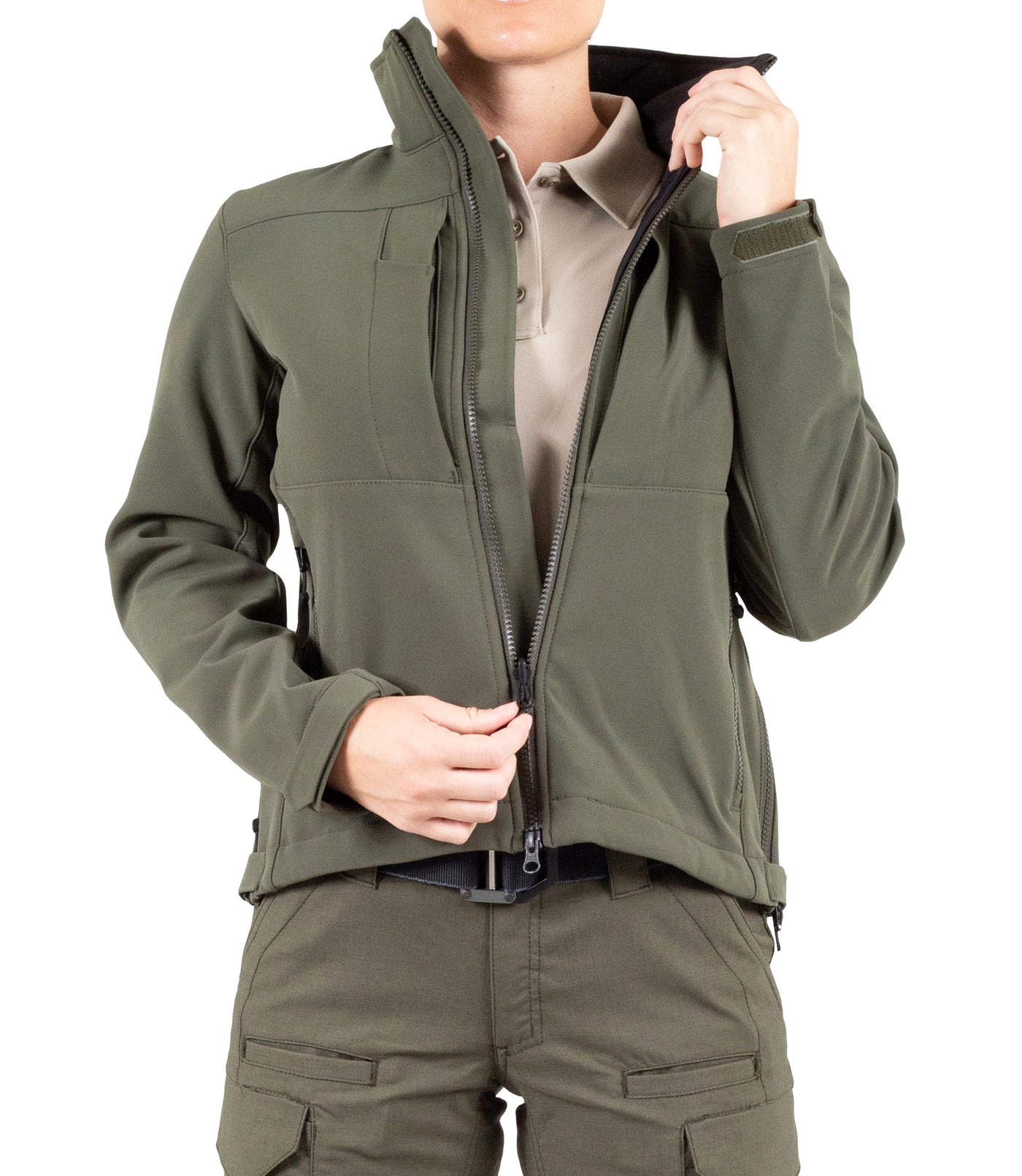 Front of Women’s Tactix Softshell Short Jacket in OD Green Unzipped