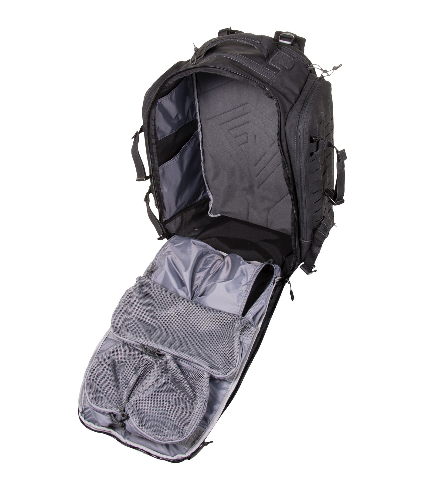 Unzipped Front of Tactix 3-Day Plus Backpack 62L in Black